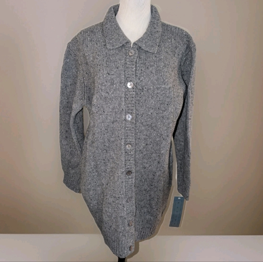 Nwt Sarah Spencer Gray Wool Collared Cardigan Sweater Long Petite Large
